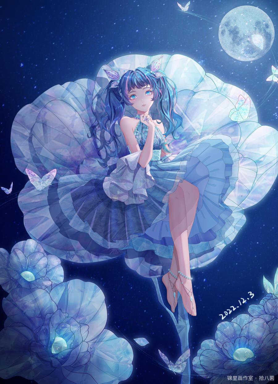 摸一只蓝色的小花精图片插画壁纸画作